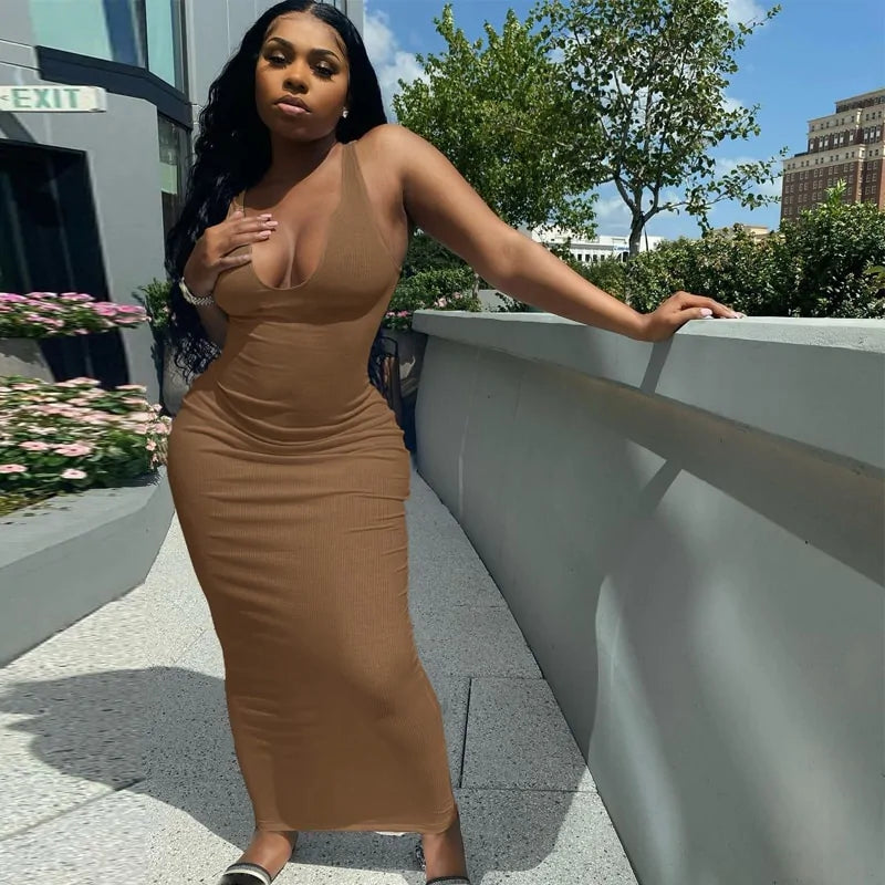 Bodycon Striped Knitted Sleeveless Midi Dress (various colors)