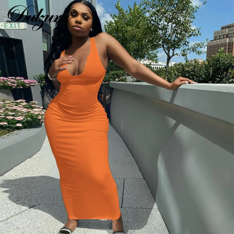 Bodycon Striped Knitted Sleeveless Midi Dress (various colors)
