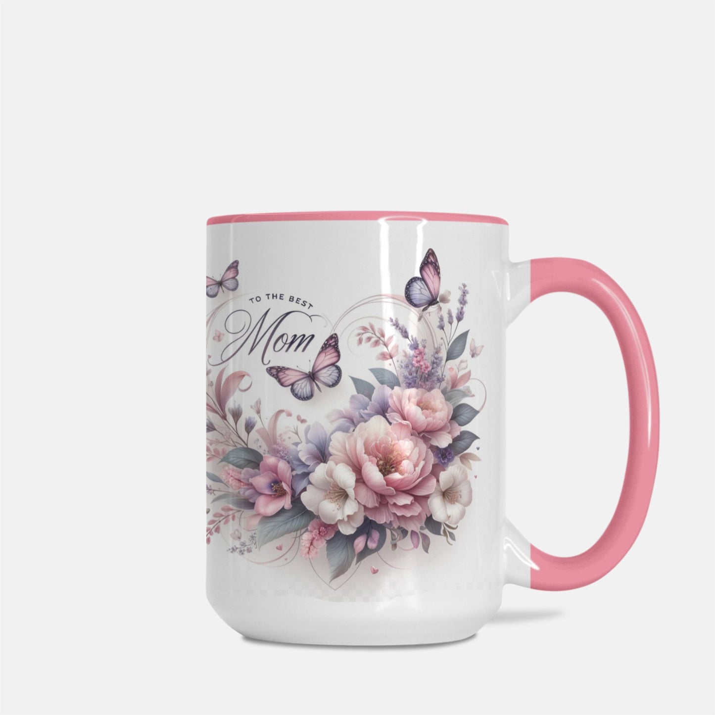 Mug - Happy Mother's Day, Floral Heart, 15 oz (Pink + White)