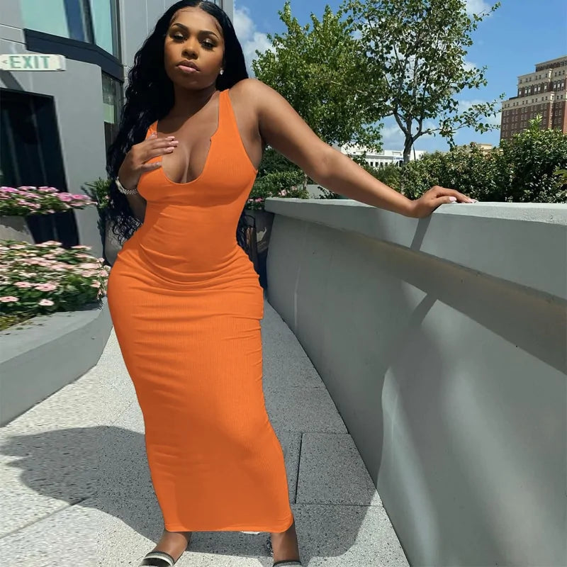 Bodycon Striped Knitted Sleeveless Midi Dress (various colors)