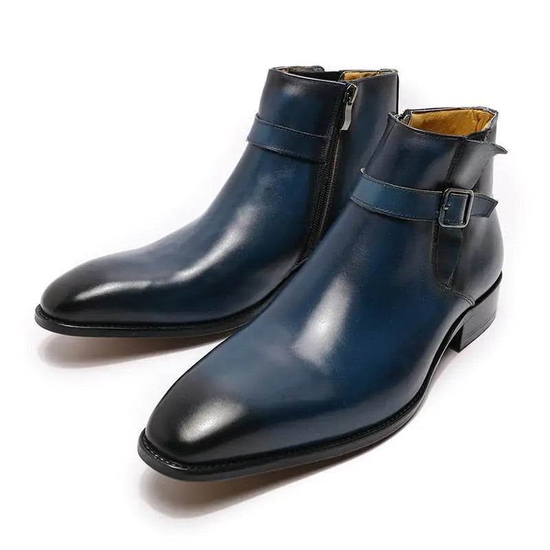 Italian Leather Dress Boots With Zipper & Buckley (blue & black)