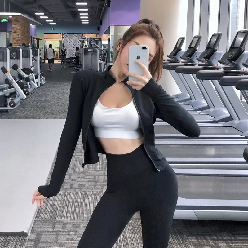 Women's Slim Zipper Sports Long Sleeve Crop Tops (various styles & colors)