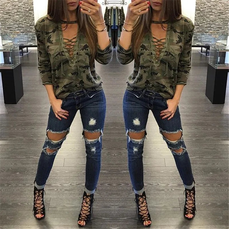 Women's Camouflage V-Neck Hooded Sweatshirt with Long Sleeves