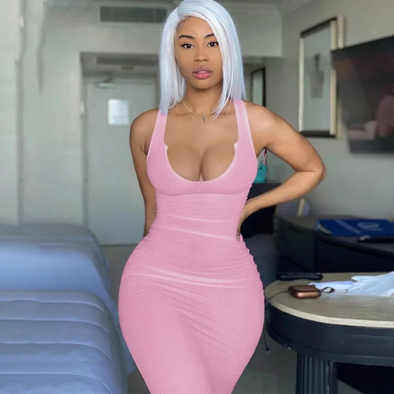 Bodycon Striped Knitted Sleeveless Midi Dress (various colors)