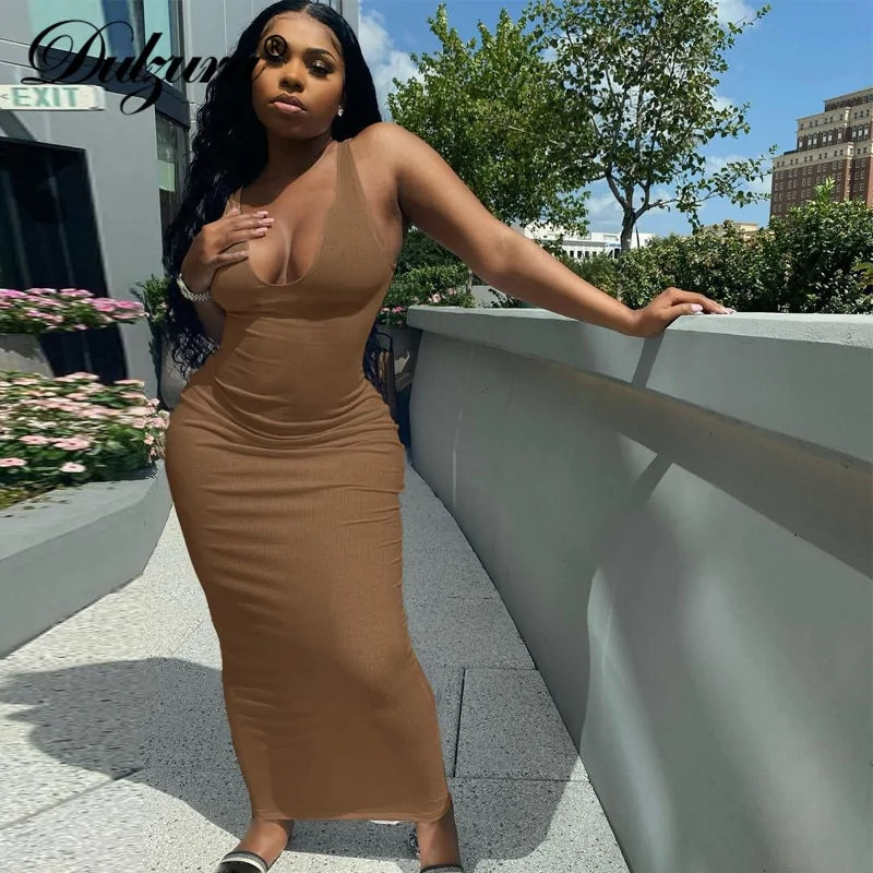 Bodycon Striped Knitted Sleeveless Midi Dress (various colors)