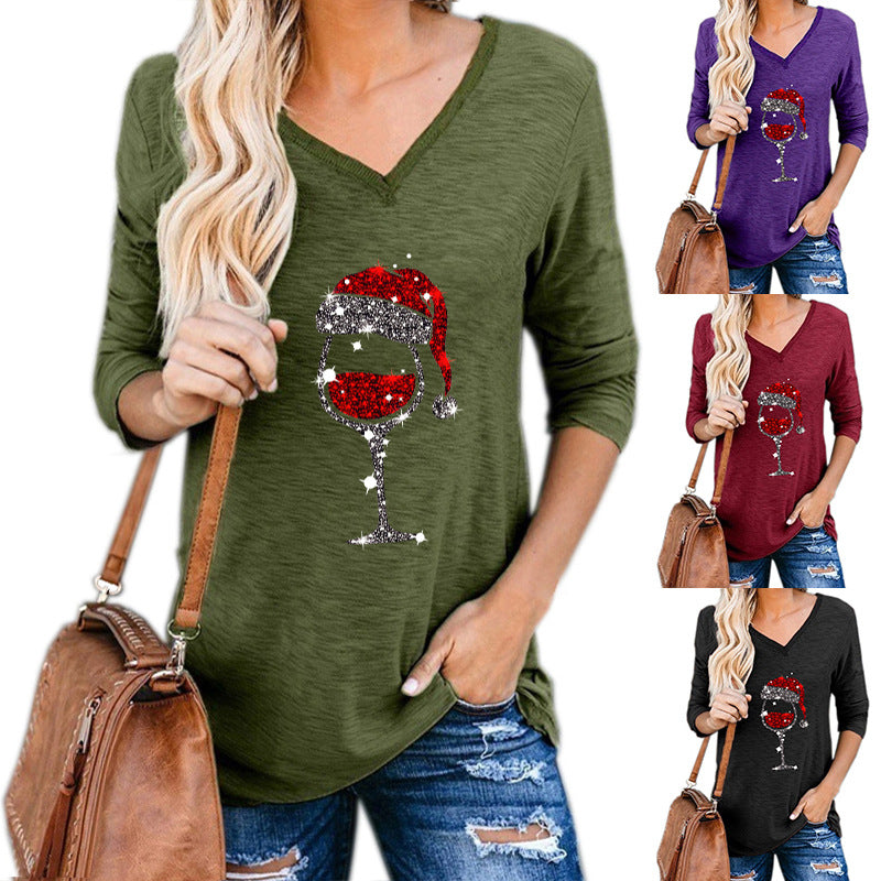 Christmas Wine Glass Print Blouse (reg & plus sizes)