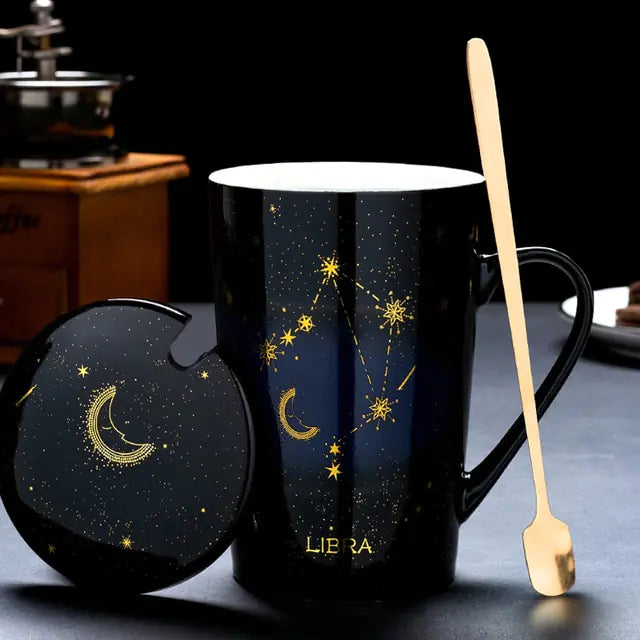 Zodiac Mugs: 12 Constellations (zodiacs) Creative Mugs With Spoon (blue or white)