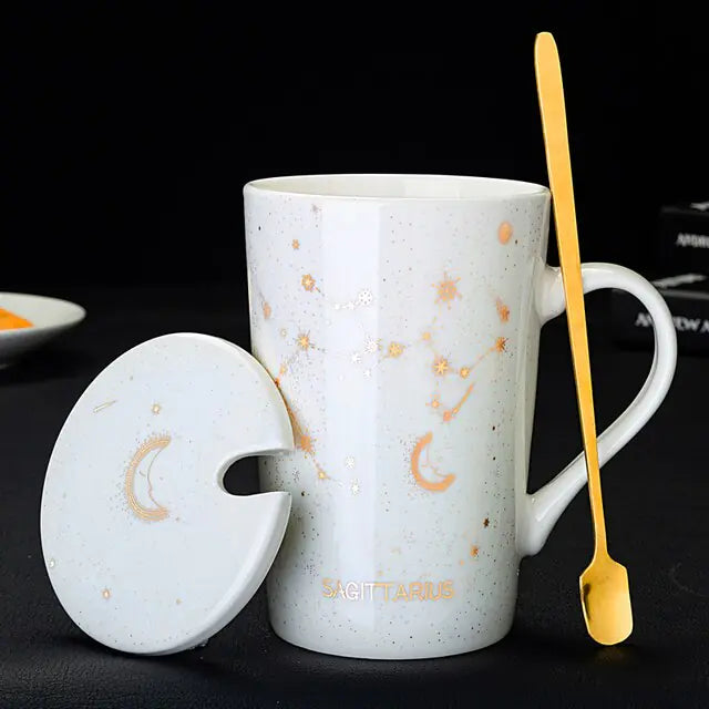 Zodiac Mugs: 12 Constellations (zodiacs) Creative Mugs With Spoon (blue or white)