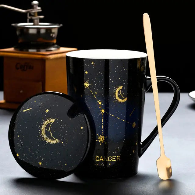 Zodiac Mugs: 12 Constellations (zodiacs) Creative Mugs With Spoon (blue or white)