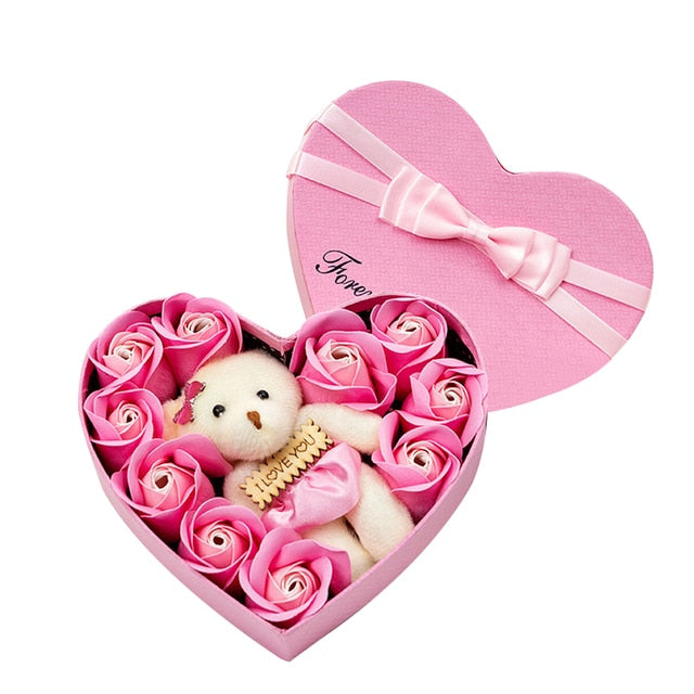 10 Heart-shape Soap Flower Gift Box with Scented Rose Petals & Bear