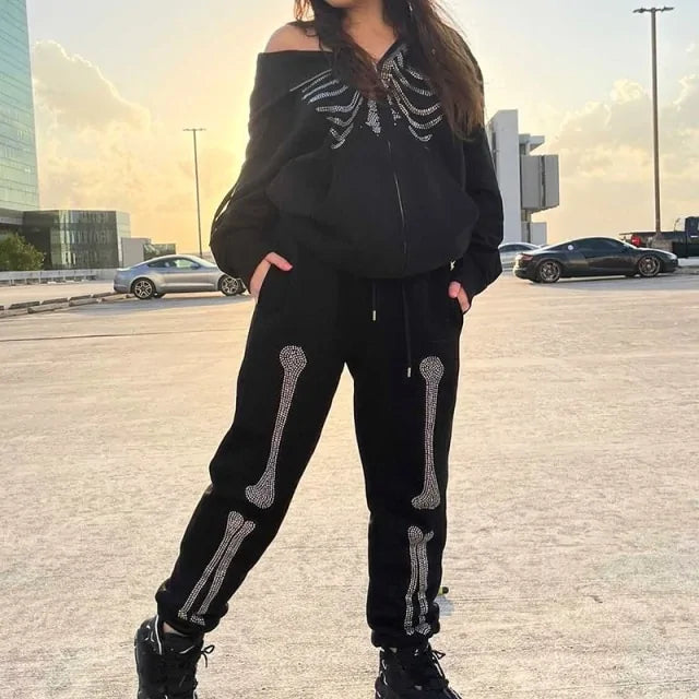 Bone Rhinestone Women Sweatpants and Jacket