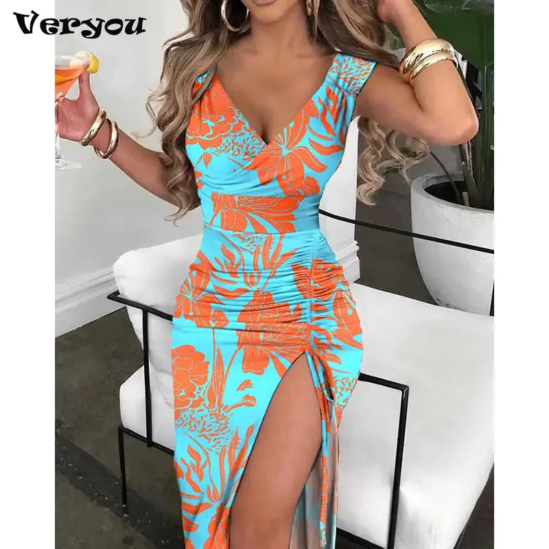 Summer V-Neck High Slit Dress (various colors)