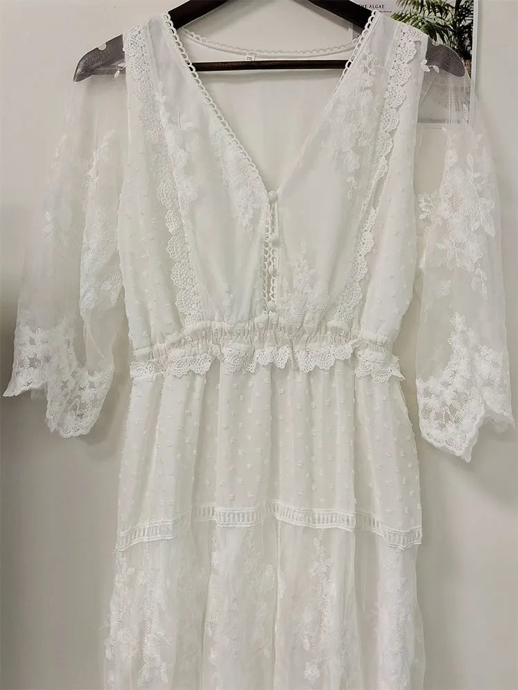 Hollow Out White Long Sexy Lace Dress