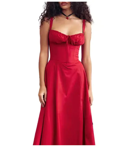 Elegant Midi Dress (various colors) – Corset Bandeau with Lace-Up and Side Split Hem