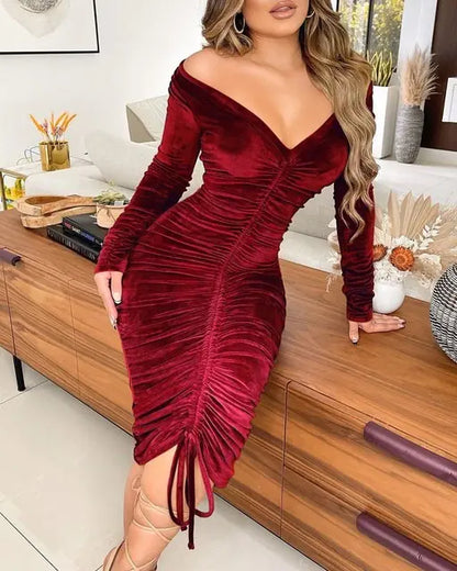 Velvet Drawstring Off Shoulder Midi Dress (various colors)