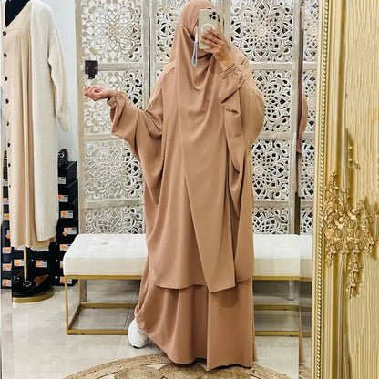 2-Piece Jilbab Set: Muslim Prayer Garment, Long Khimar & Niqab (13 shades)