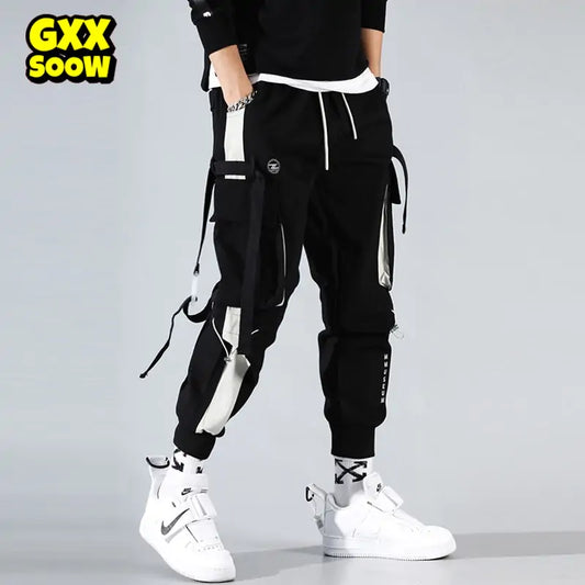 Joggers Men Ribbons Cargo Pants (black or white)