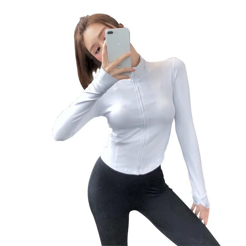 Women's Slim Zipper Sports Long Sleeve Crop Tops (various styles & colors)