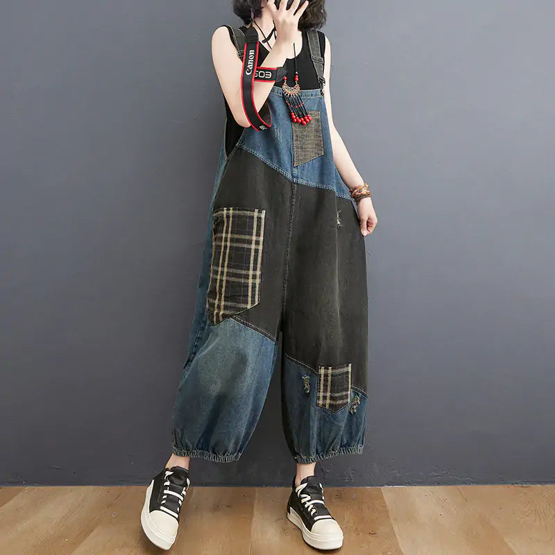 Spring Summer Denim Big Pockets Overall Jumpsuit Sleeveless