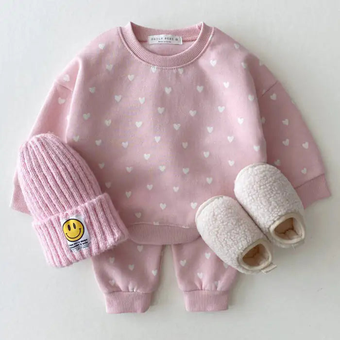 Baby 2 Piece Heart Print Sweatsuit Jogger Set (Pink or White)