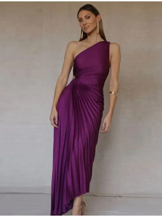 One Shoulder Pleated Maxi Dress (various colors)