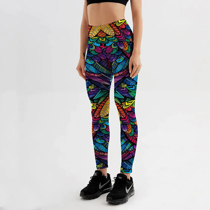 Colorful Skull & Leaf Printed Slim Workout Leggings