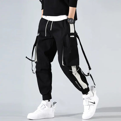 Joggers Men Ribbons Cargo Pants (black or white)