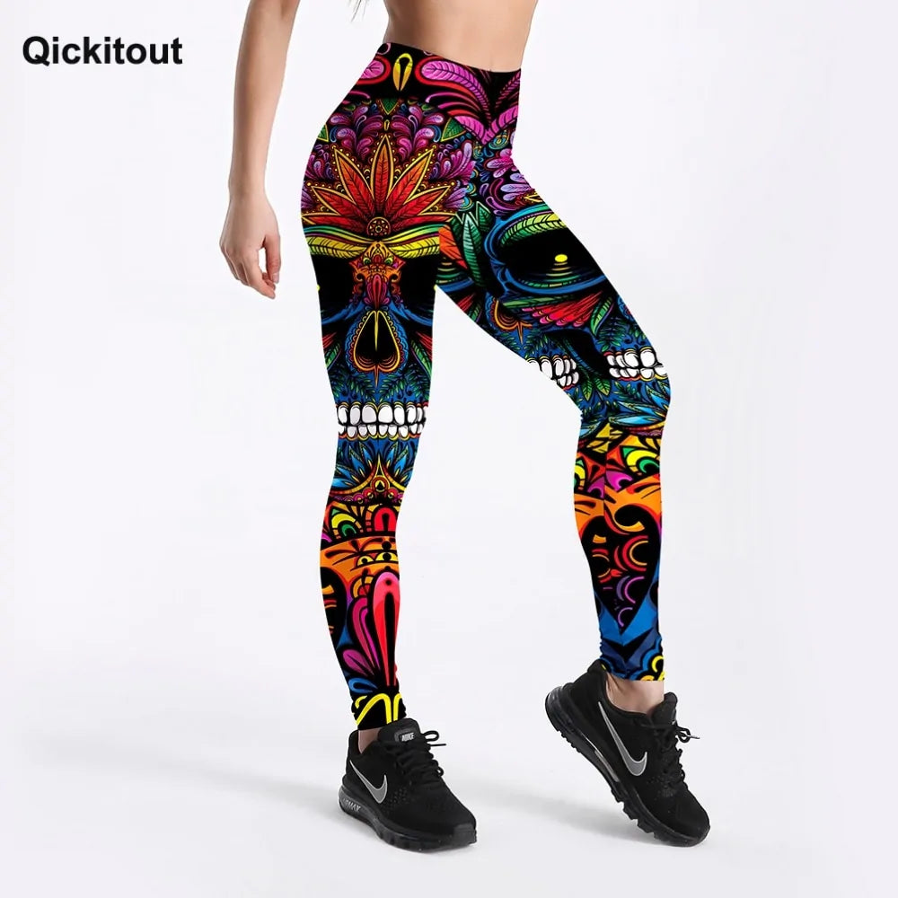 Colorful Skull & Leaf Printed Slim Workout Leggings