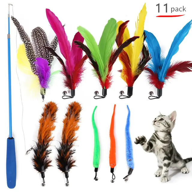 Retractable Cat Feather Toy Wands for Indoor Cats