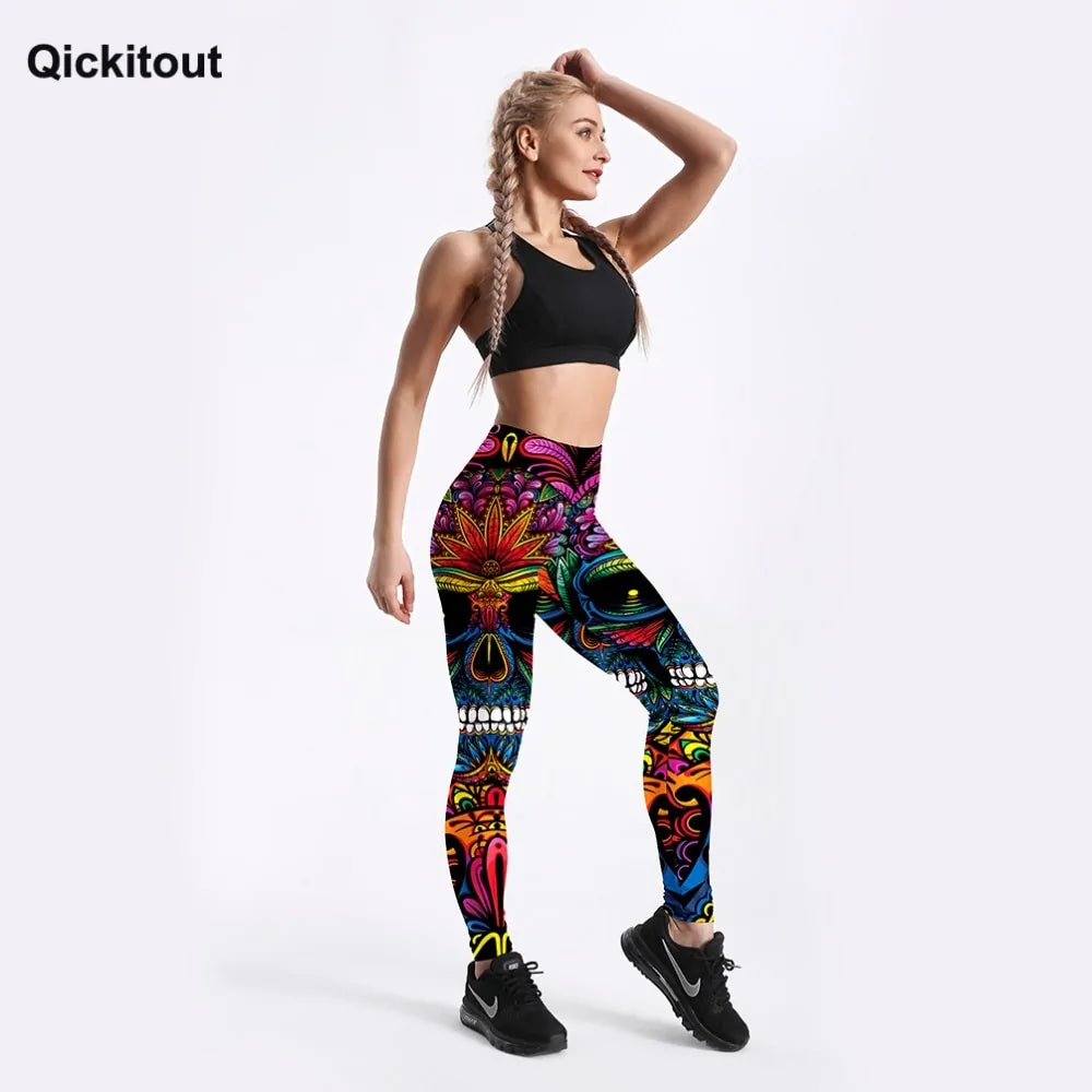 Colorful Skull & Leaf Printed Slim Workout Leggings