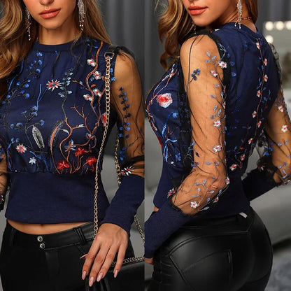 Patchwork Mesh Embroidered Floral Blouse