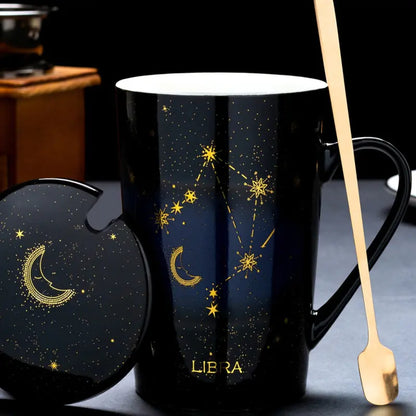 Zodiac Mugs: 12 Constellations (zodiacs) Creative Mugs With Spoon (blue or white)