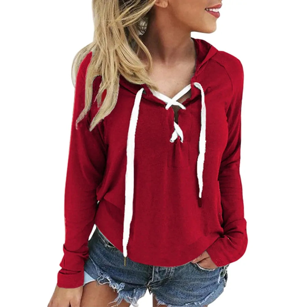 Women's Plus Size Hooded Sweatshirt with Cross Lace Up (5 colors)