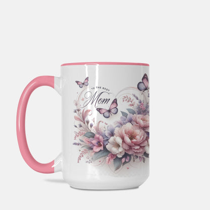 Mug - Happy Mother's Day, Floral Heart, 15 oz (Pink + White)