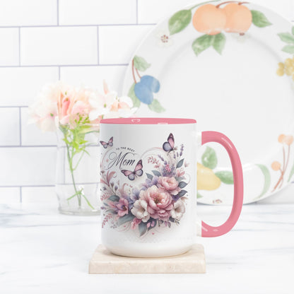 Mug - Happy Mother's Day, Floral Heart, 15 oz (Pink + White)