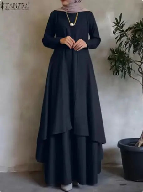 ZANZEA Women's Long Sleeve Abaya Maxi Dress - Casual Loose Fit Kaftan for Eid, Dubai, and Turkey