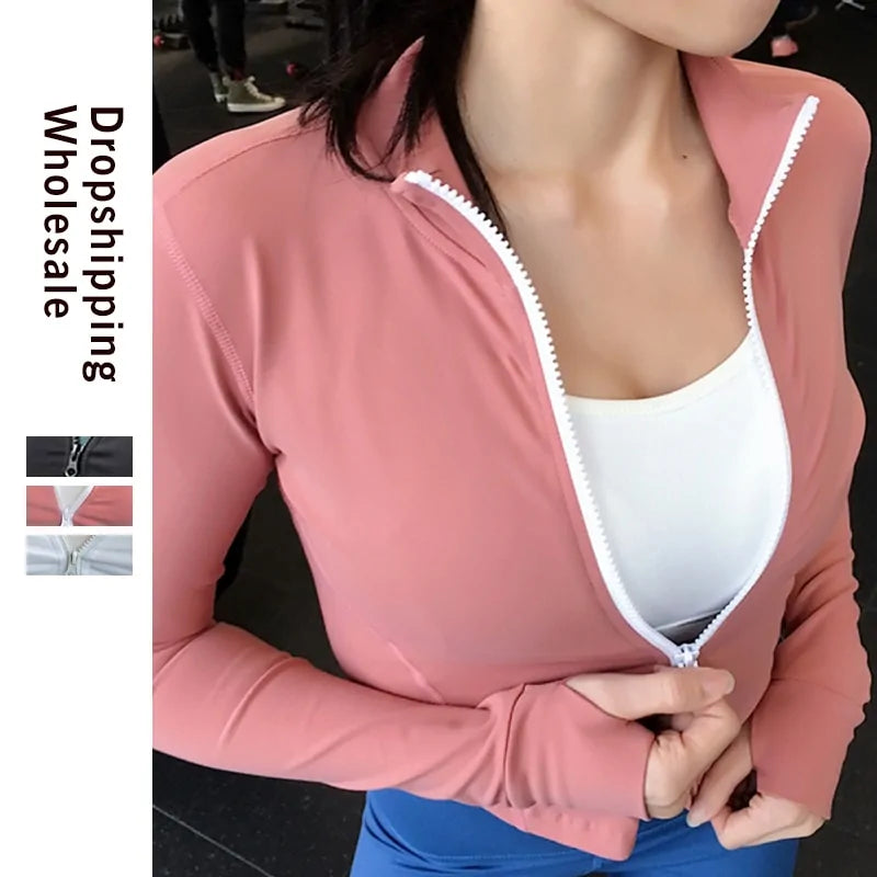 Women's Slim Zipper Sports Long Sleeve Crop Tops (various styles & colors)