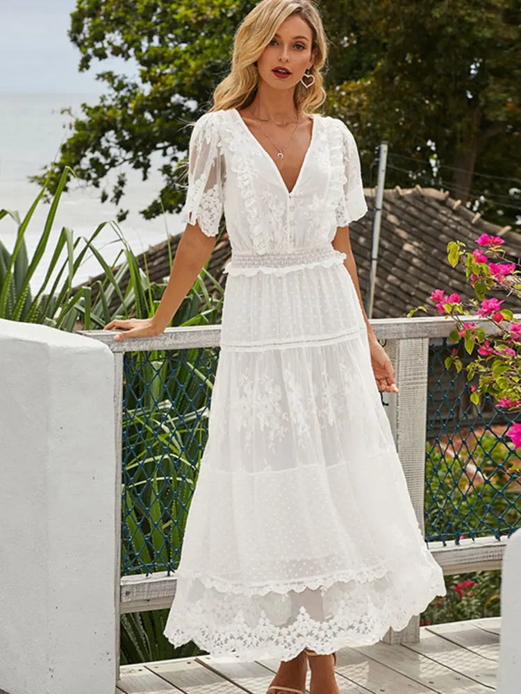 Hollow Out White Long Sexy Lace Dress