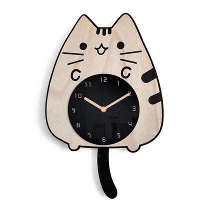 3D Wooden Cartoon Cat Wall Clock