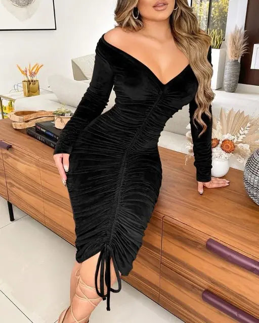 Velvet Drawstring Off Shoulder Midi Dress (various colors)