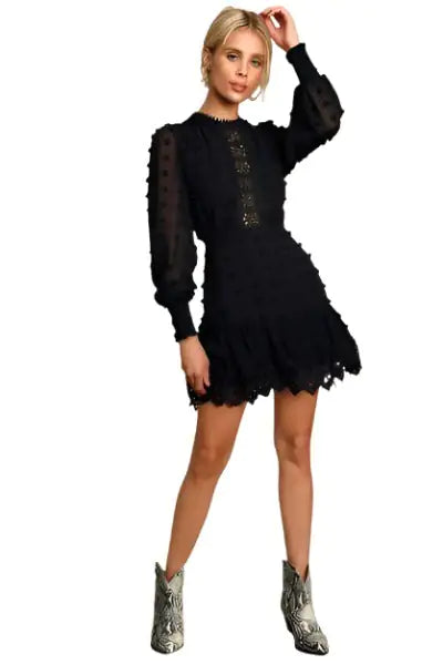 Love Black Embroidered Lace Long Sleeve Dress