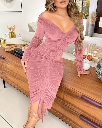 Velvet Drawstring Off Shoulder Midi Dress (various colors)