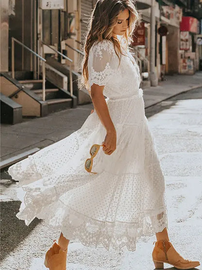 Hollow Out White Long Sexy Lace Dress