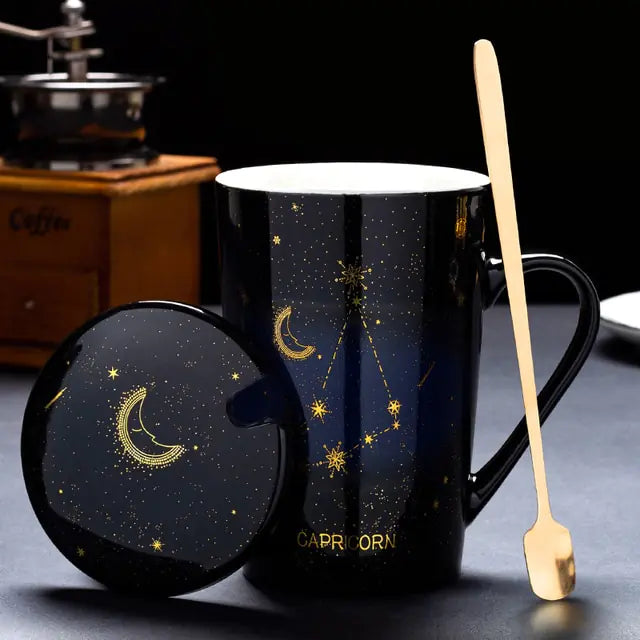 Zodiac Mugs: 12 Constellations (zodiacs) Creative Mugs With Spoon (blue or white)