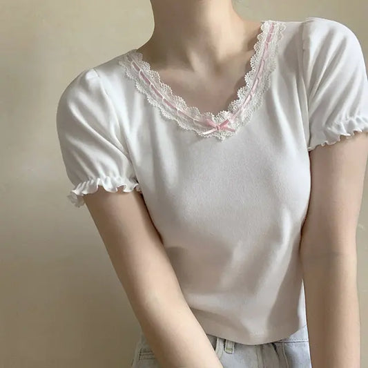 White T-Shirt for Sweet Girl Ribbon Lace Trim V-Neck Bowknot Puff Sleeve Slim Cotton TShirt Kawaii