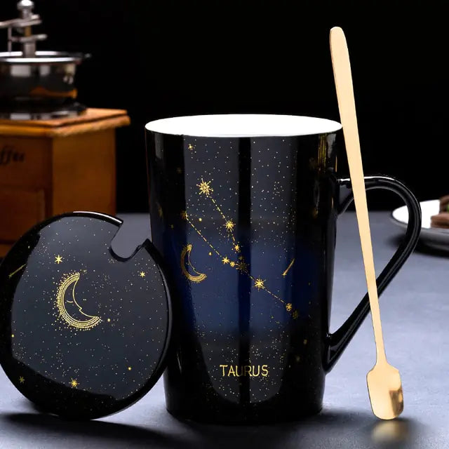 Zodiac Mugs: 12 Constellations (zodiacs) Creative Mugs With Spoon (blue or white)