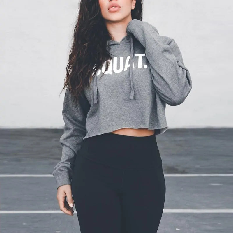 Letter Print SQUAT Hoodies Women's Crop Tops (2 shades)