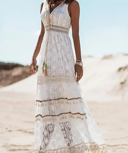 Sleeveless Maxi Dress with Lace Trim and V-Neck (white & beige)