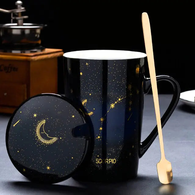 Zodiac Mugs: 12 Constellations (zodiacs) Creative Mugs With Spoon (blue or white)