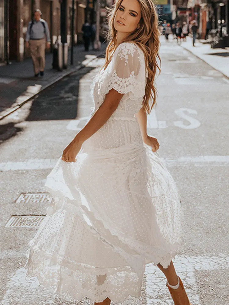 Hollow Out White Long Sexy Lace Dress